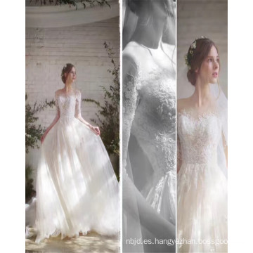 2017 Elegante Sexy ver a través de encaje de manga larga Appliqued blanco vestido de novia